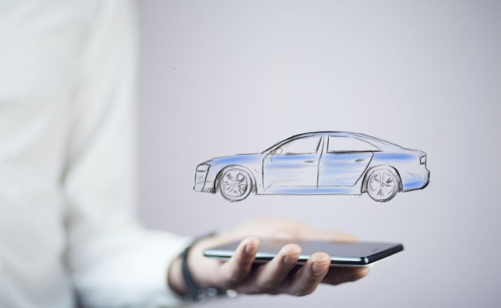 Gezeichnetes Auto über Smartphone symbolisiert Digitalstrategie für Autohaus