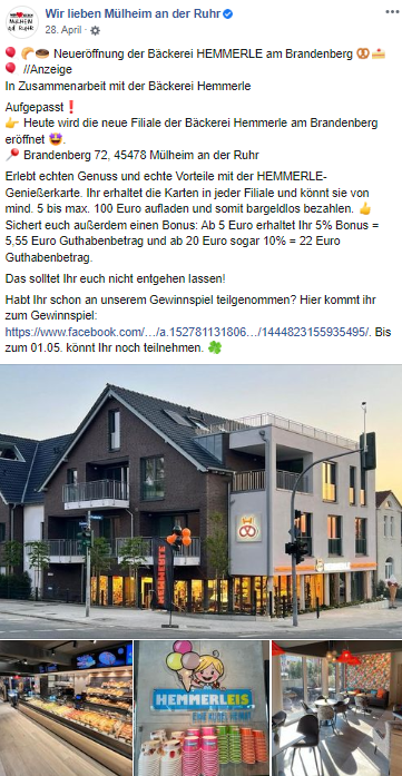 Facebook Post zur Neueröffnung der Stadtbäckerei Hemmerle