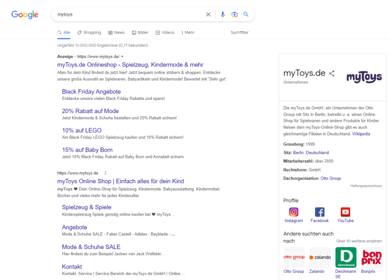 Screenshot Google-Suche mit Suchbegriff "Mytoys"