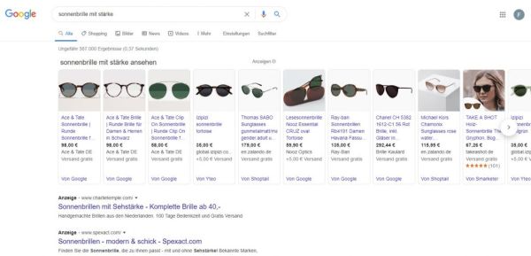 Suchergebnis Google mit Sonnenbrilllen symbolisiert Google-Shopping