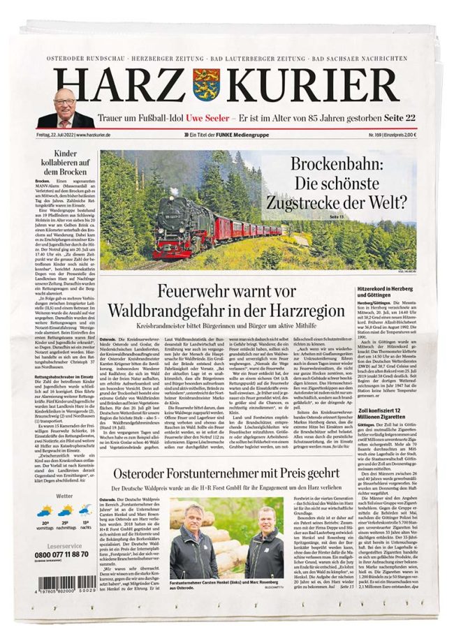 Seite aus Harz Kurier steht für FUNKE Tageszeitungen Niedersachsen