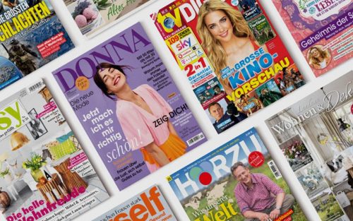 Bildausschnitt mehrere Zeitschriften nebeneinander, z. B. Hörzu, TV Digital, Donna etc.