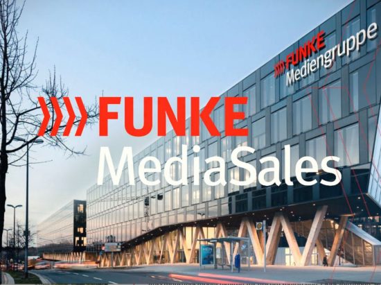 Außenansicht Gebäude FUNKE Mediengruppe, darüber Logo FUNKE MediaSales