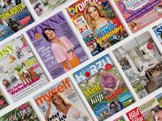 Ausschnitt Blick auf verschiedene Zeitschriften wie Donna, Hörzu, TV Digital etc.