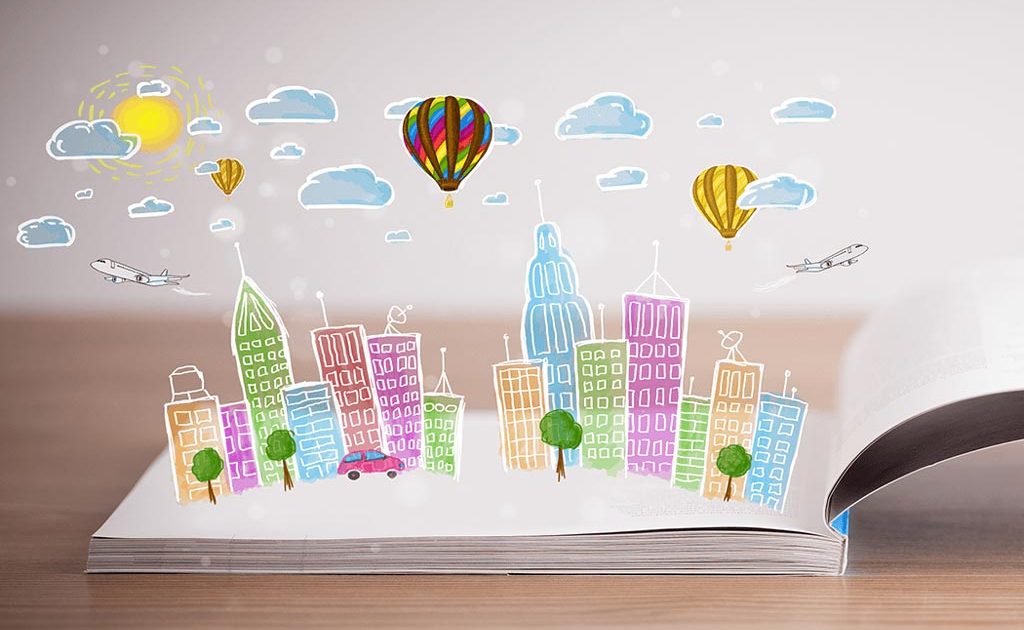 Zeichnung mit Hochhäusern, Heißluftballons und Flugzeugen symbolisiert Storytelling in Unternehmen
