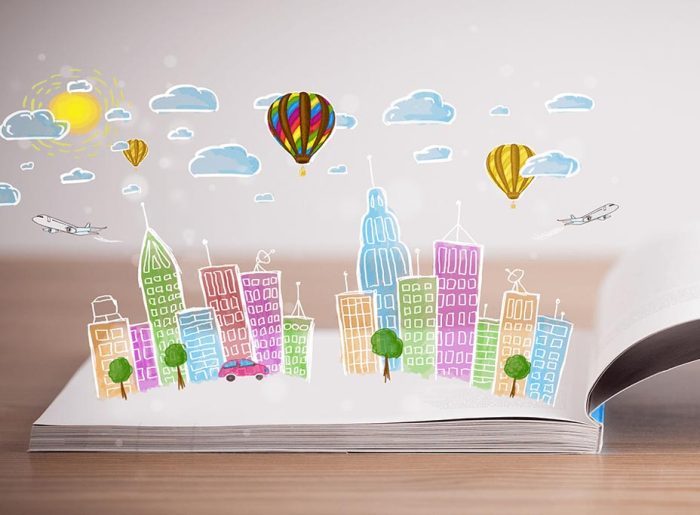 Zeichnung mit Hochhäusern, Heißluftballons und Flugzeugen symbolisiert Storytelling in Unternehmen