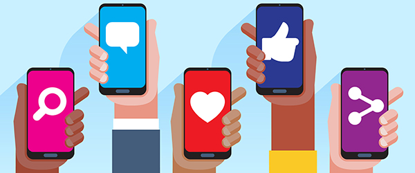 Grafik mit verschiedenen Smartphones symbolisiert Social-Media-Marketing