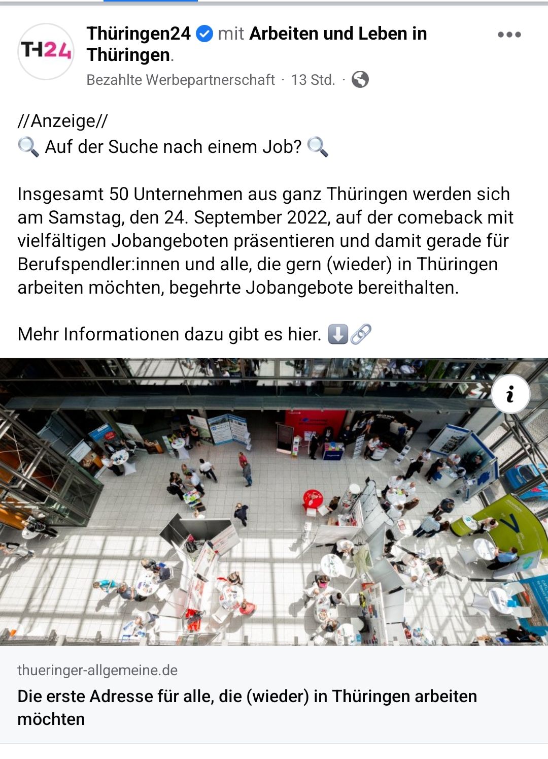 Screenshot mit Sponsored Post von Thüringen24