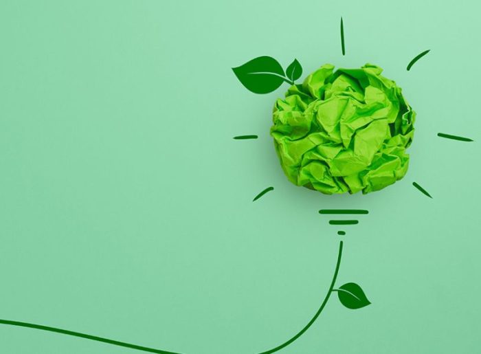 Grüne Papierkugel mit Zeichnung einer Glühbirne symbolisiert Green Marketing